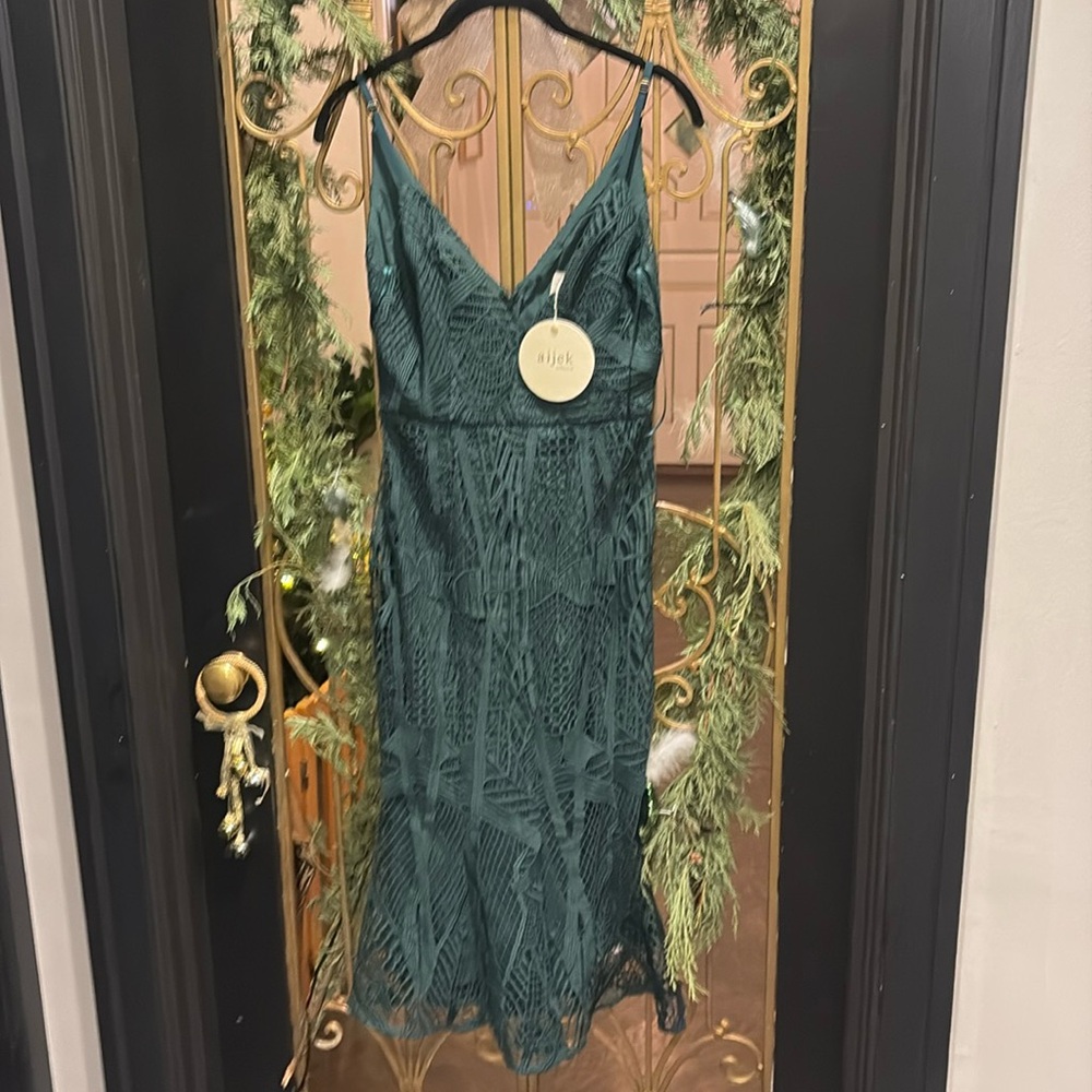Aijek thick embroidery lace green dresss nwt size 1 small  fit flare st Patrick